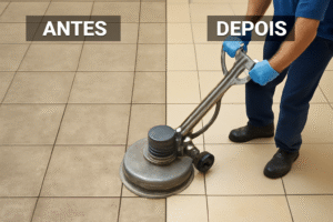 Comparação de piso de cerâmica antes e depois da limpeza de pisos e pedras profissional, com um profissional utilizando uma máquina de limpeza.